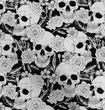Load image into Gallery viewer, Black & White Floral Skulls Face Mask